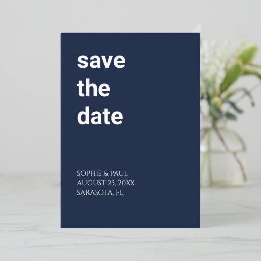 Simple Navy Blue Save the Date Foil Invitation (Debout devant)