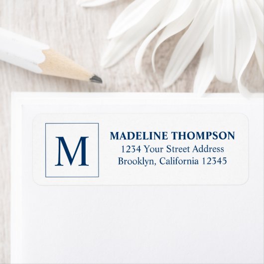 Simple Navy Blue Square Border Monogram Etiket (Insitu)