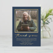 Simple Navy & Gold Calligraphy Photo Funeral Bedankkaart (Staand voorkant)