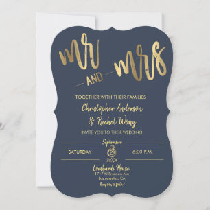 Simple Navy Gold Script Mr en Mrs Wedding Kaart