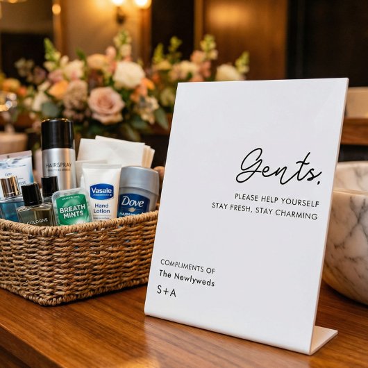 Simple Neutral Gentlemen Wedding Bathroom Basket Reclamebord Met Voetstuk