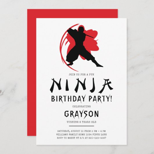 Simple Ninja Birthday Party Kaart (Voorkant / Achterkant)