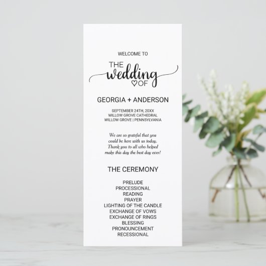 Simple Noir Calligraphy Wedding Programme (Debout devant)