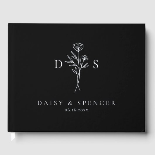 Simple Noir Moderne Mariage de Monogramme Floral (Recto)