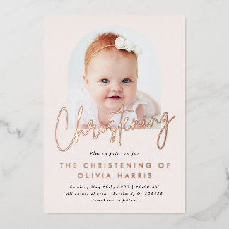 Simple One Photo Christening Baptism Roos Gold Folie Uitnodiging