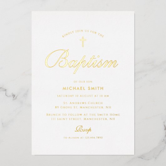simple or croix moderne baptême invitation (Recto)