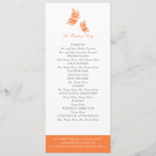 Simple Orange Papillons Programme de mariage (Dos)