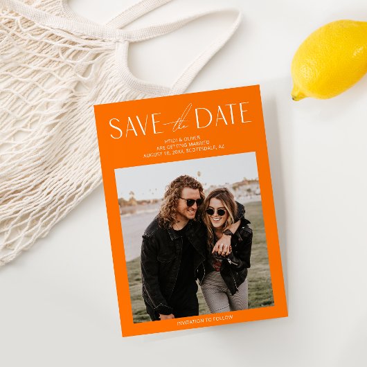 Simple Orange Photo Enregistrer la date Invitation