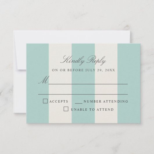 Simple Pale Teal Cabana Stripes Wedding RSVP (Devant)