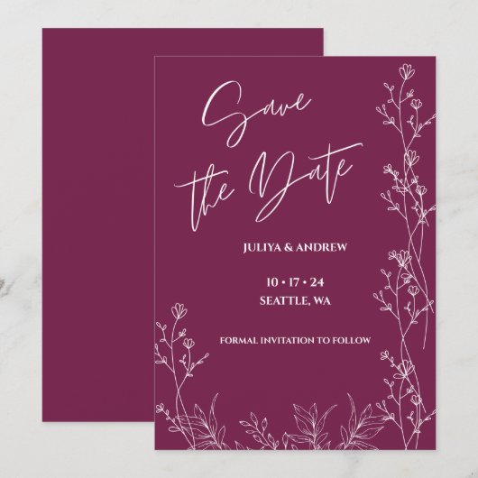 Simple Pansy Purple script wedding  save the date (Devant / Derrière)