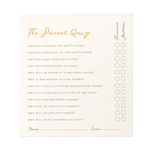 Simple Parent Quiz Baby Shower Game Notepad Notitieblok (Voorkant)