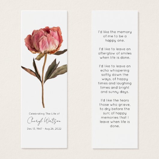 Simple Peony Funeral Memorial Bookmark (Devant & derrière)