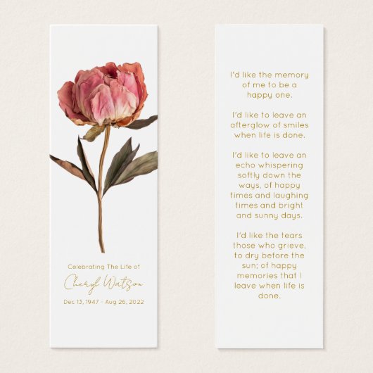 Simple Peony Funeral Memorial Bookmark Mini Visitekaartjes (Voorkant /achterkant)