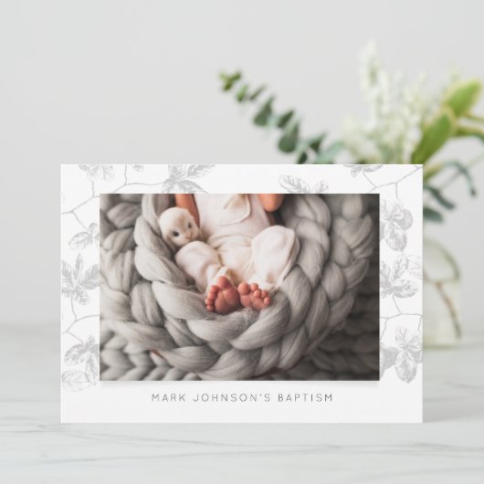 Simple Photo Grey Foliage Baptême Party Invitation (Debout devant)