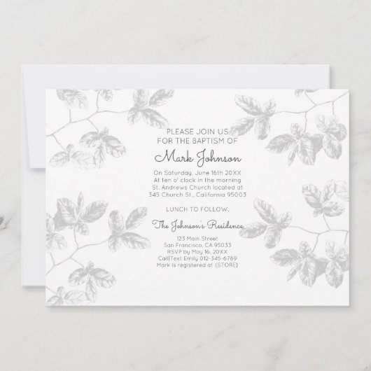 Simple Photo Grey Foliage Baptême Party Invitation (Dos)