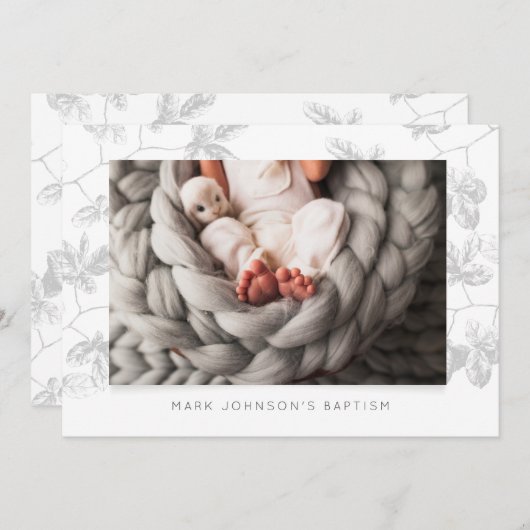 Simple Photo Grey Foliage Baptême Party Invitation (Devant / Derrière)