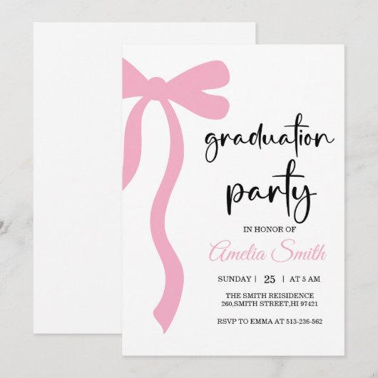 Simple Pink Bow graduation party invitation (Devant / Derrière)