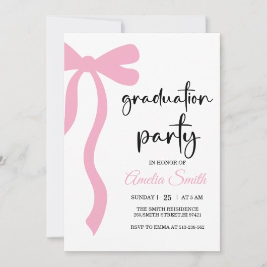 Simple  Pink  Bow graduation party invitation Kaart (Voorkant)