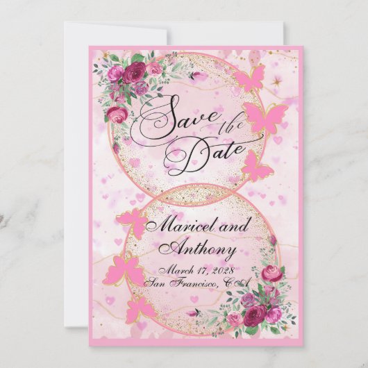 Simple Pink Butterflies theme Save the Date (Devant)