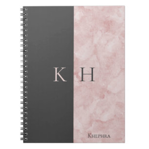 Simple Pink Marble And Black Accent Monogram Notitieboek