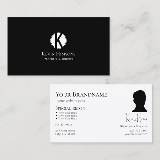 Simple Plain Black White met monogram en foto Visitekaartje (Voorkant / Achterkant)
