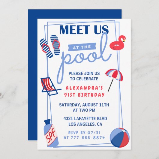 Simple Pool Party 91e anniversaire invitations (Devant / Derrière)