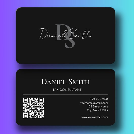 Simple Professional Monogram Initial QR code Black Visitekaartje