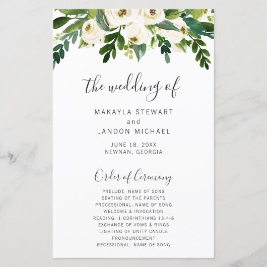 Simple Programme de Mariage Élégant à Fleurs Blanc (Devant)