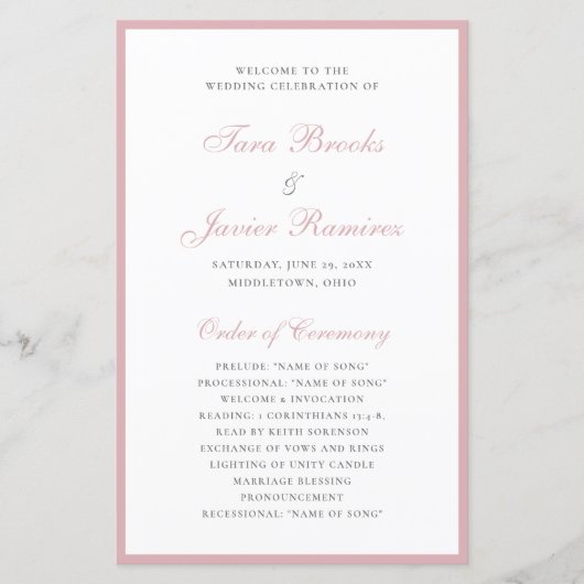 Simple Programme de Mariage Élégant et Rose Poussi (Devant)