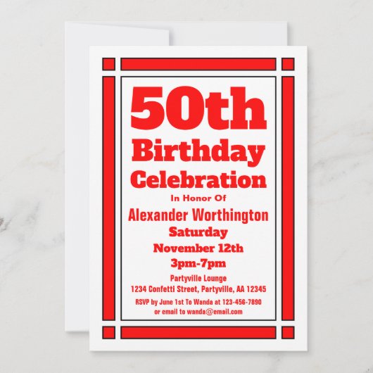 Simple Red 50th Birthday Invitation (Devant)