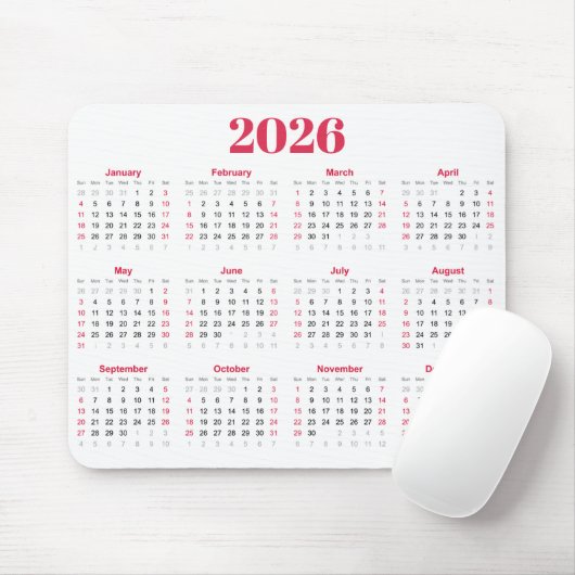 Simple red and White 2026 Calendar  Muismat (Met muis)