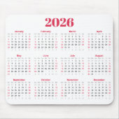 Simple red and White 2026 Calendar  Muismat (Voorkant)