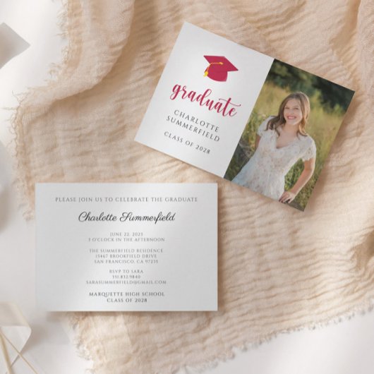 Simple Red Gold Graduation Cap Tassel Invitation