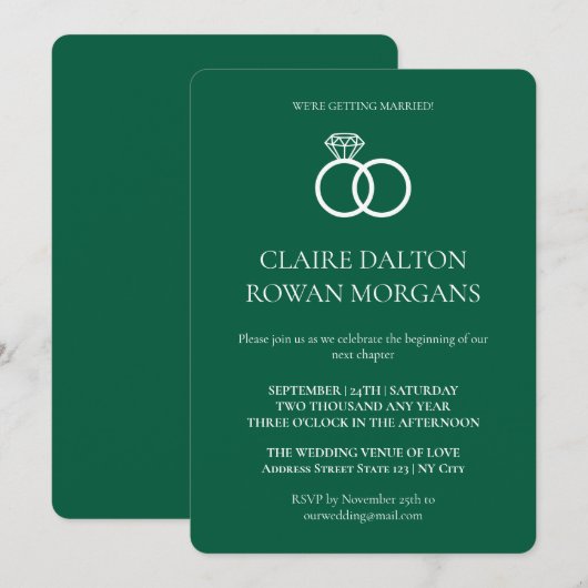 Simple Rings Green Wedding Invitation Kaart (Voorkant / Achterkant)