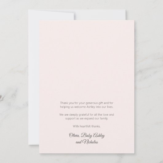 Simple Rose Gold Script Baby Photo Merci (Dos)