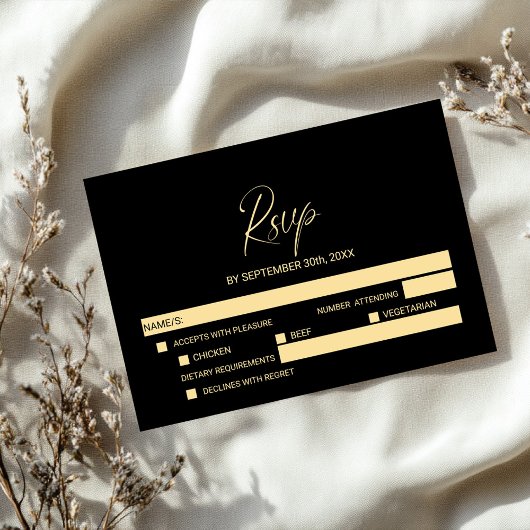 Simple RSVP de mariage or et noir avec options de 