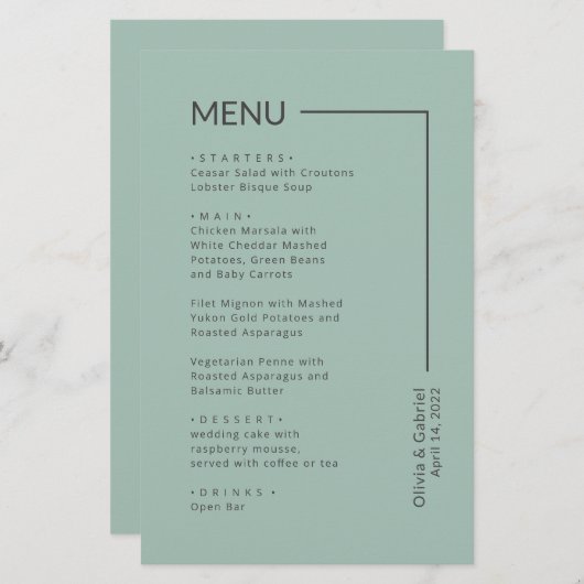Simple Sage Green Typographie menu mariage simple (Devant / Derrière)