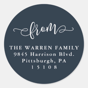 Simple save the date navy return address ronde sticker