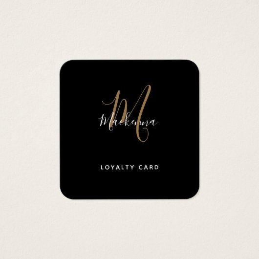 Simple Script Black- en Gold Monogram Loyalty-kaar Vierkante Visitekaartjes (Voorkant)