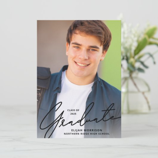 Simple Script Black Overlay Photo Graduparty Kaart (Staand voorkant)