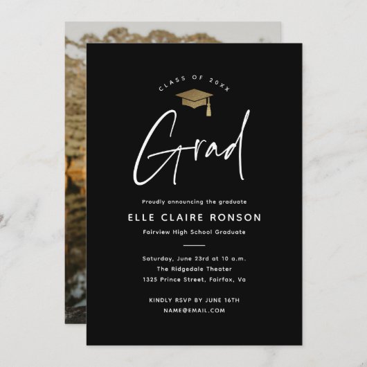 Simple Script Black & White Photo Afstuderen Aankondiging (Voorkant / Achterkant)