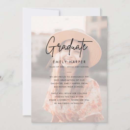 Simple Script Faux Vellum Overlay Photo Afstuderen Aankondiging (Voorkant)
