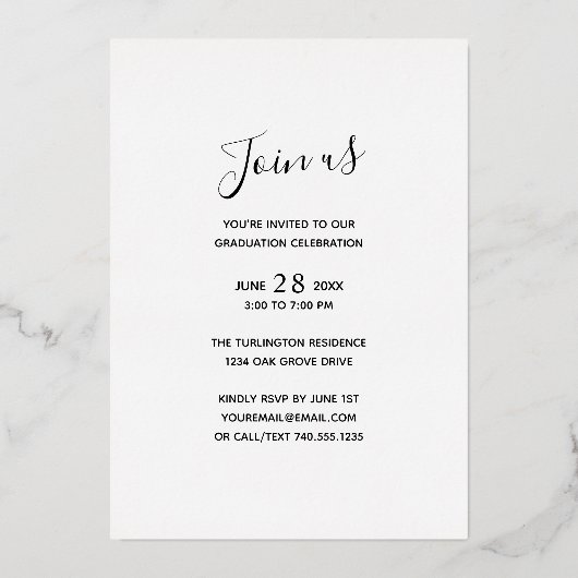 Simple Script Gold Foil Photo Graduparty Folie Uitnodiging (Achterkant)