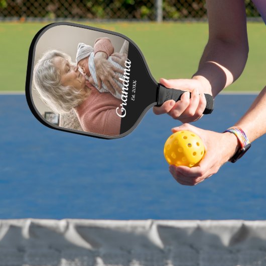 Simple Script Grandma Est.Photo Year Black Pickleball Paddle (Insitu)