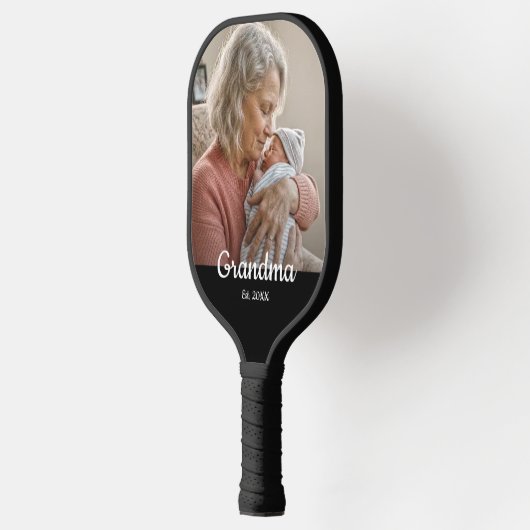 Simple Script Grandma Est.Photo Year Black Pickleball Paddle (Links)