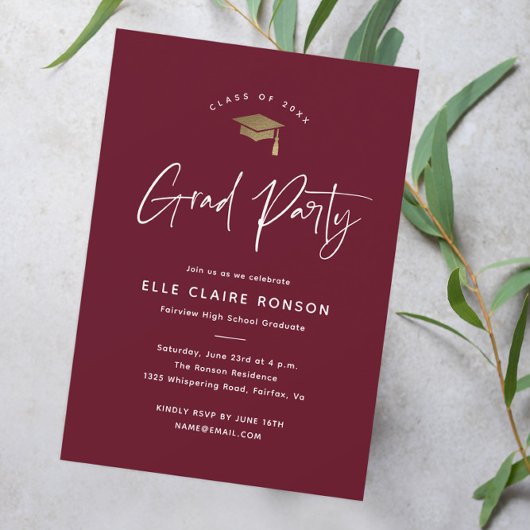 Simple Script Maroon Graduation Party Kaart