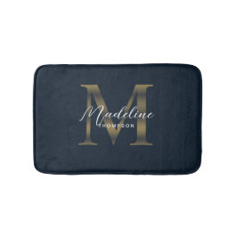 Simple Script Metallic Navy Blue Gold Monogram Badmat