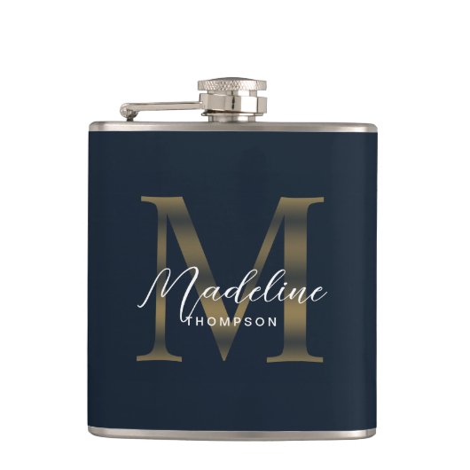 Simple Script Metallic Navy Blue Gold Monogram Heupfles (Voorkant)