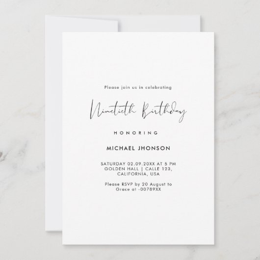 Simple Script Ninetieth Anniversaire Invitation (Devant)