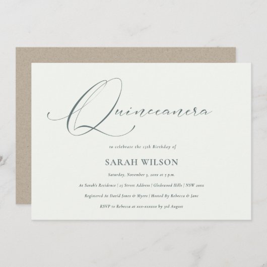 Simple script noir blanc Quinceañera Invitation (Devant / Derrière)